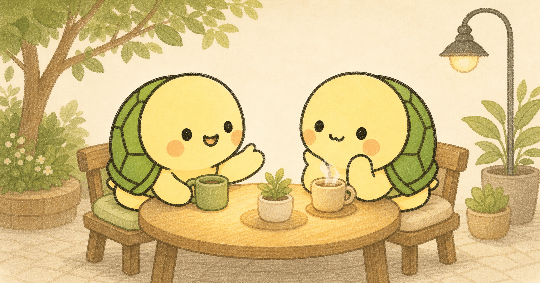 Two turtles connecting over a warm conversation at the table