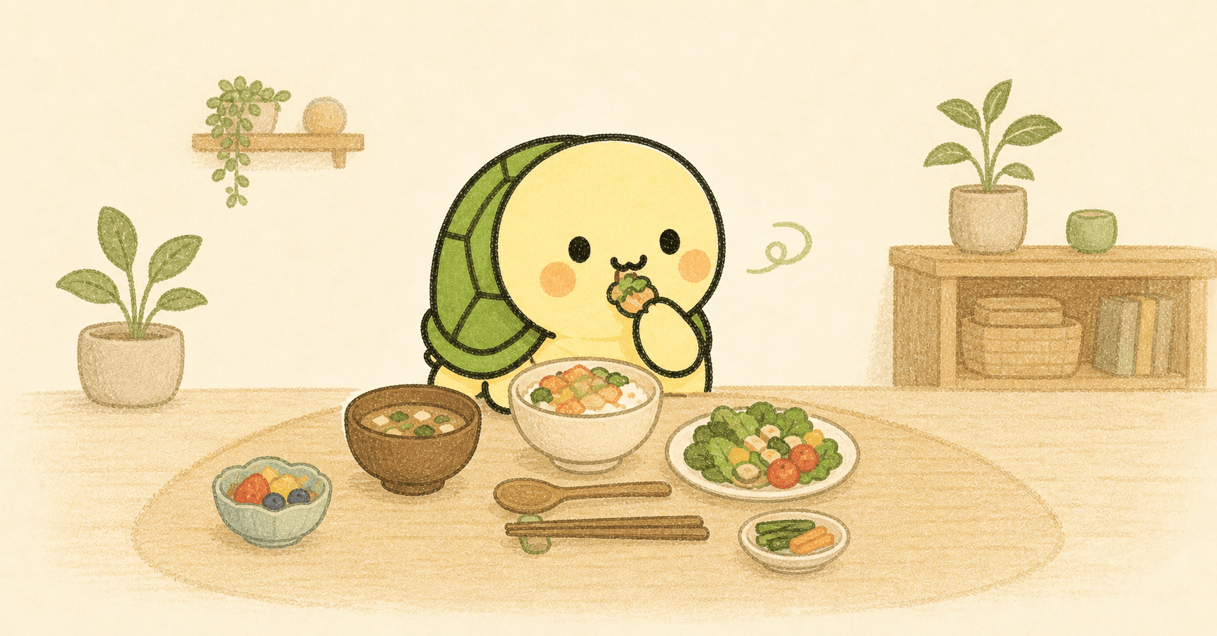 A turtle putting down its utensils and chewing slowly at the table